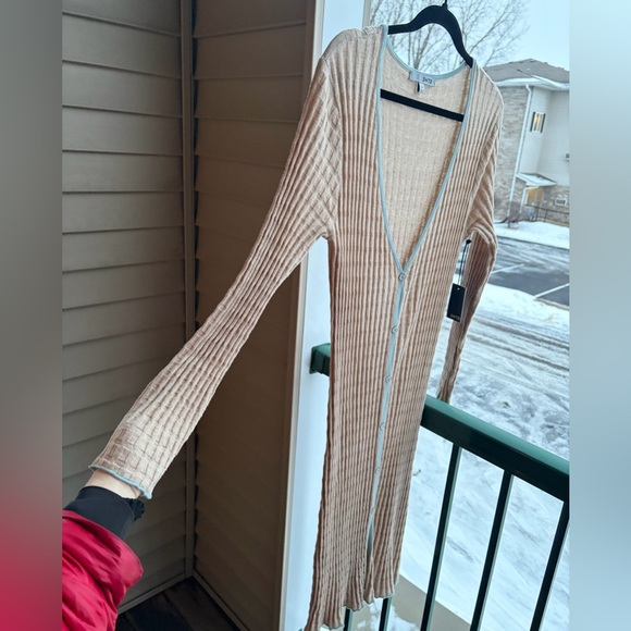 🆕 SWTR Ribbed Knit Long Cardigan Dress Beige Blue Trim Button Front Size M NWT - Picture 10 of 16